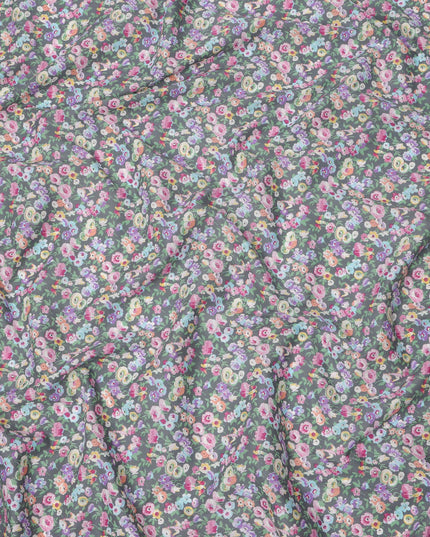 Slate Grey Cotton Lawn Fabric with Multicolor Floral and Motif Print, 110 Cms Width, Made in Japan-D24203