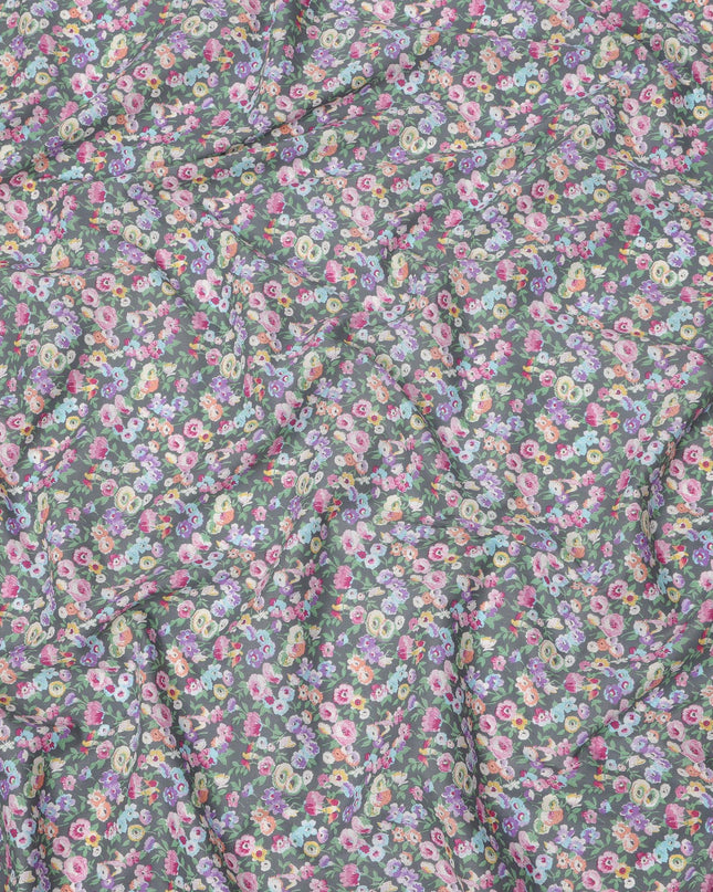 Slate Grey Cotton Lawn Fabric with Multicolor Floral and Motif Print, 110 Cms Width, Made in Japan-D24203
