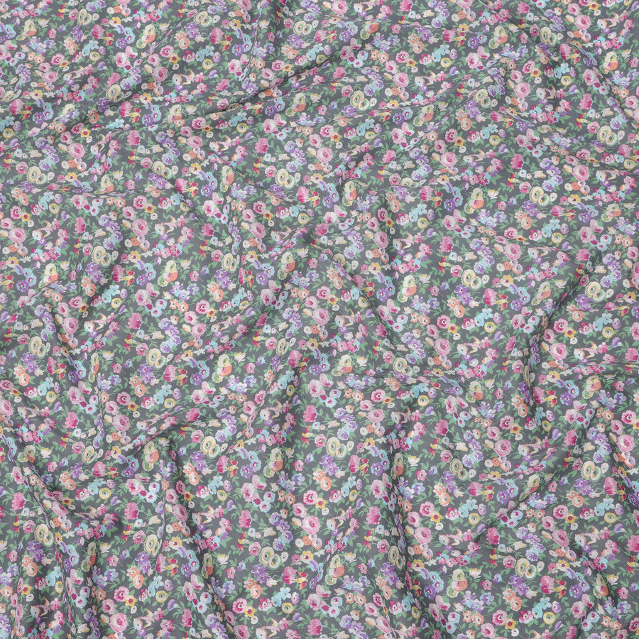 Slate Grey Cotton Lawn Fabric with Multicolor Floral and Motif Print, 110 Cms Width, Made in Japan-D24203