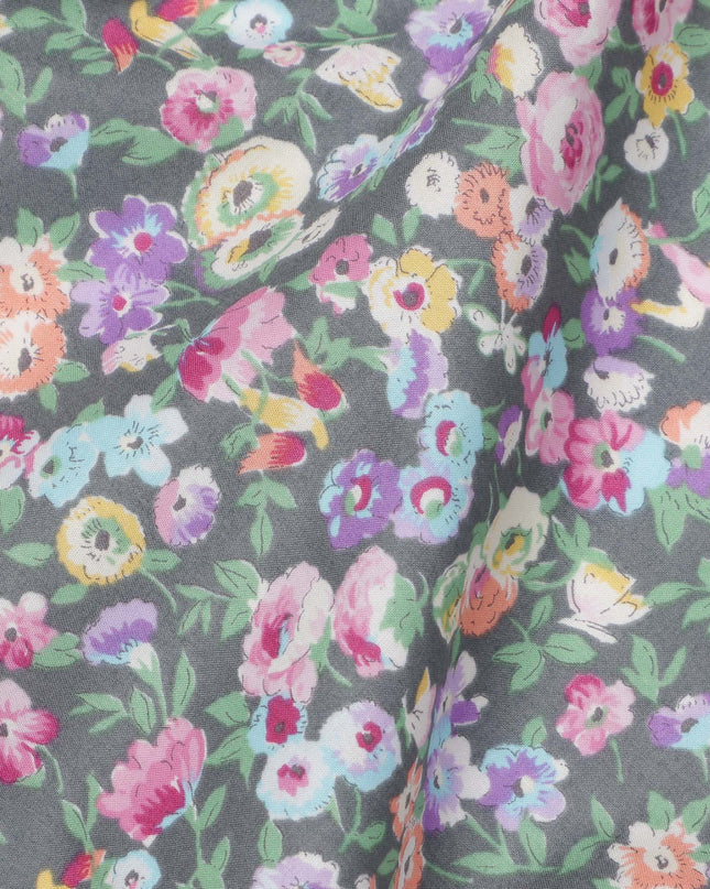 Slate Grey Cotton Lawn Fabric with Multicolor Floral and Motif Print, 110 Cms Width, Made in Japan-D24203