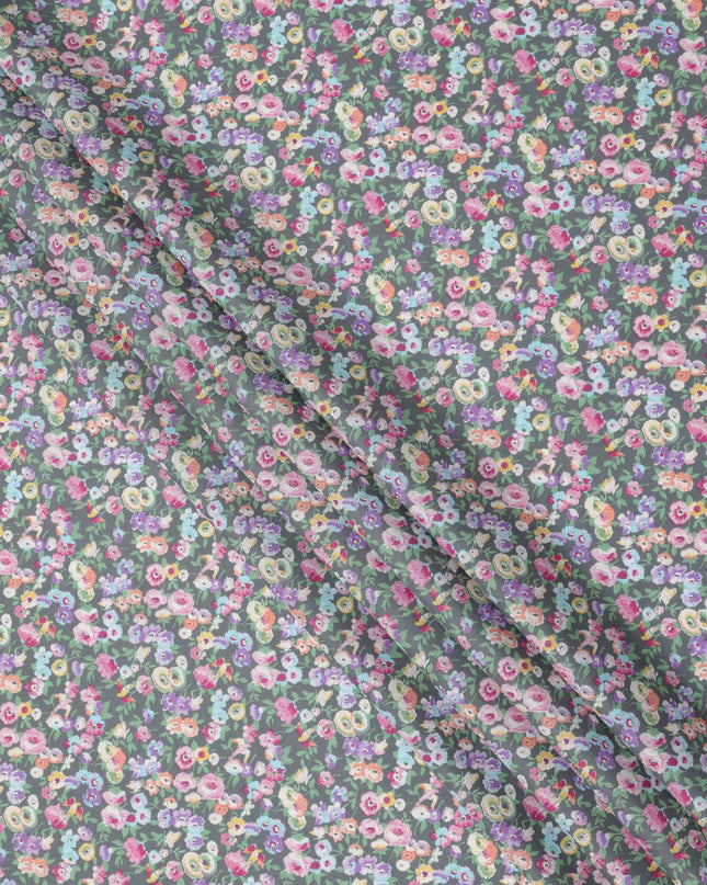 Slate Grey Cotton Lawn Fabric with Multicolor Floral and Motif Print, 110 Cms Width, Made in Japan-D24203