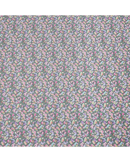 Slate Grey Cotton Lawn Fabric with Multicolor Floral and Motif Print, 110 Cms Width, Made in Japan-D24203