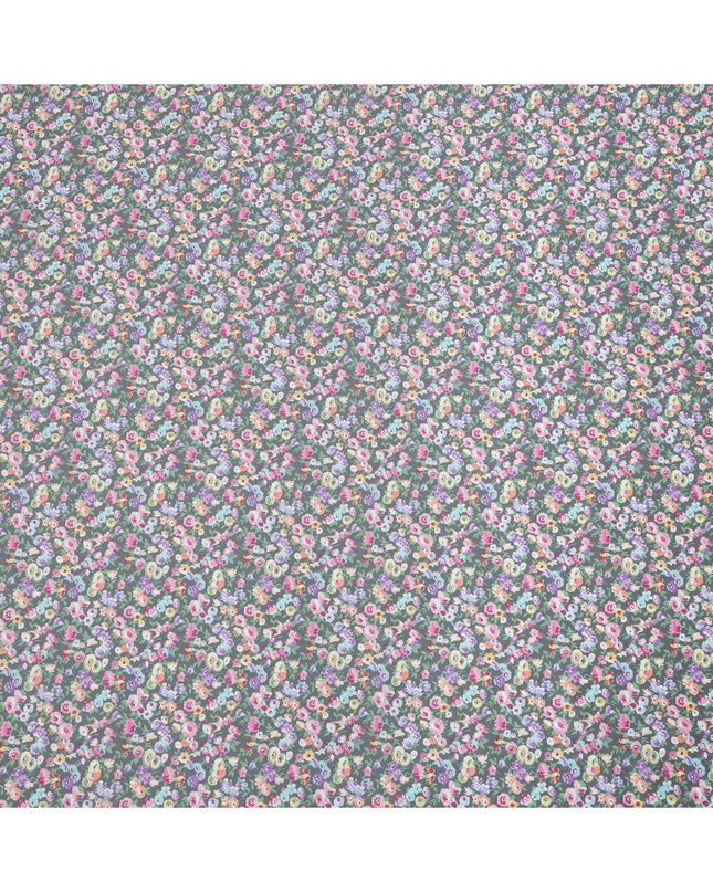 Slate Grey Cotton Lawn Fabric with Multicolor Floral and Motif Print, 110 Cms Width, Made in Japan-D24203