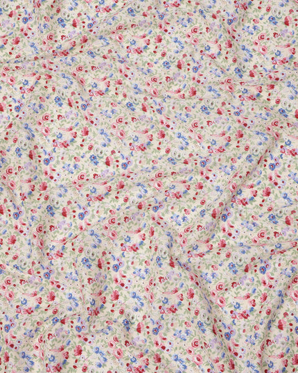 قماش قطني كريمي بيج بنقشة زهور حمراء وزرقاء، عرض 110 سم، صنع في اليابان - D24204