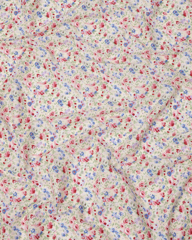 قماش قطني كريمي بيج بنقشة زهور حمراء وزرقاء، عرض 110 سم، صنع في اليابان - D24204