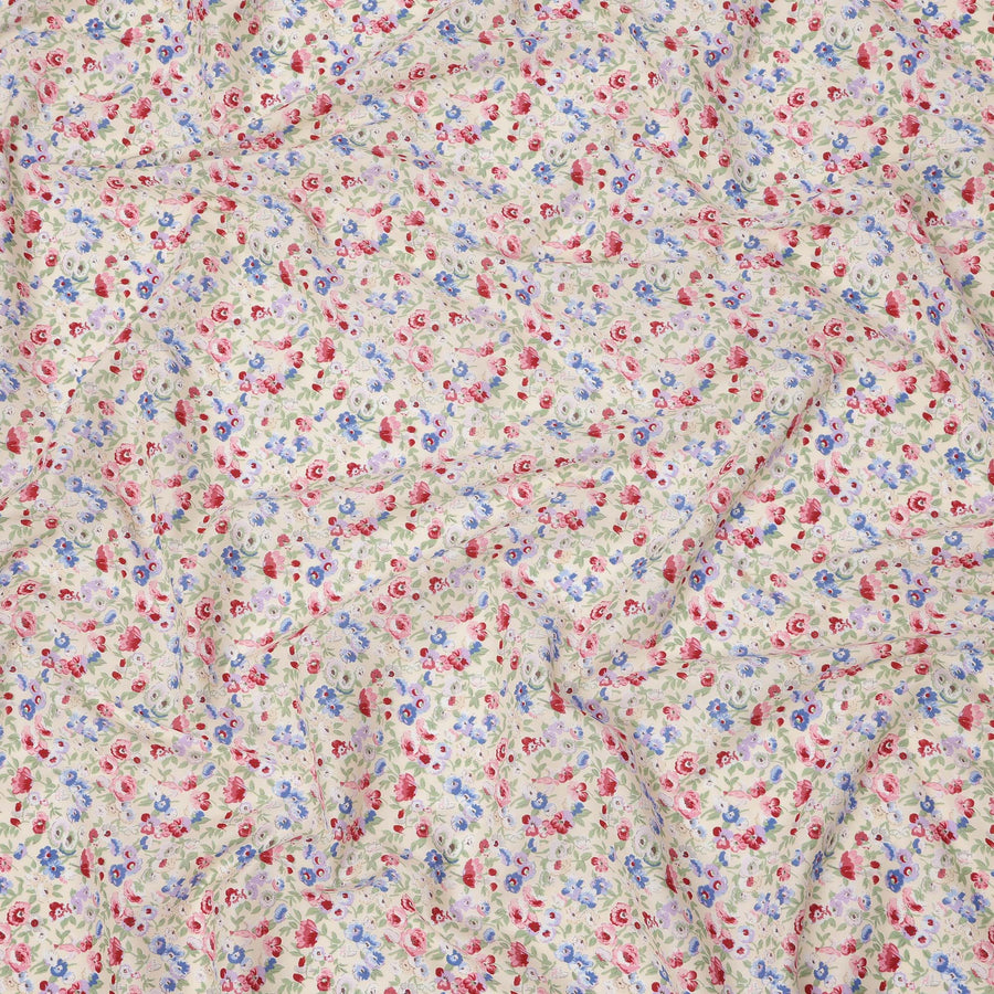 قماش قطني كريمي بيج بنقشة زهور حمراء وزرقاء، عرض 110 سم، صنع في اليابان - D24204