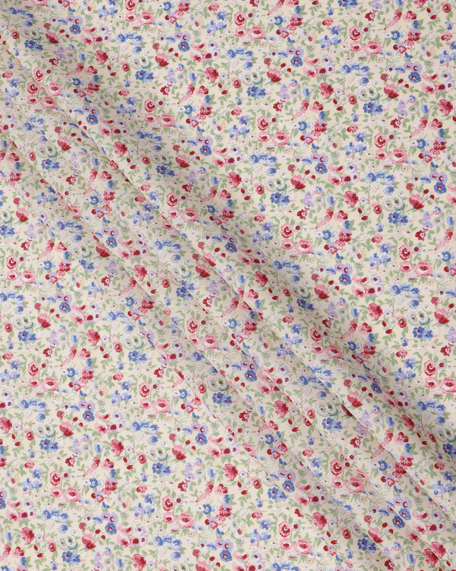 قماش قطني كريمي بيج بنقشة زهور حمراء وزرقاء، عرض 110 سم، صنع في اليابان - D24204