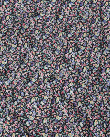 Midnight Black Cotton Lawn Fabric with Multicolor Floral and Motif Print, 110 Cms Width, Made in Japan-D24205