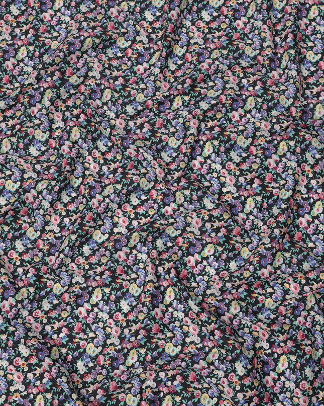 Midnight Black Cotton Lawn Fabric with Multicolor Floral and Motif Print, 110 Cms Width, Made in Japan-D24205
