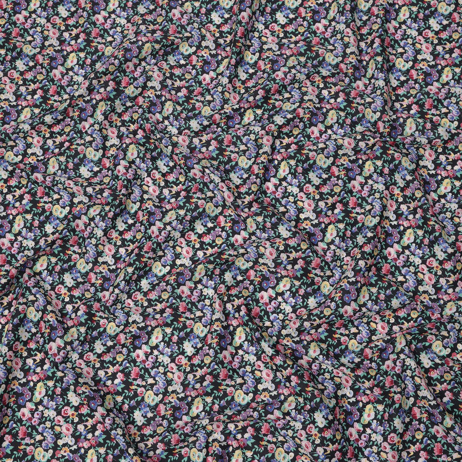 Midnight Black Cotton Lawn Fabric with Multicolor Floral and Motif Print, 110 Cms Width, Made in Japan-D24205