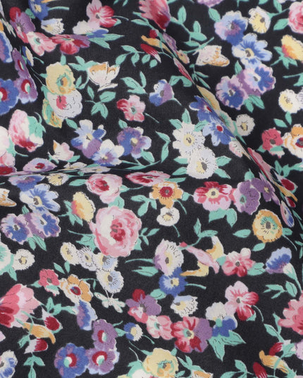 Midnight Black Cotton Lawn Fabric with Multicolor Floral and Motif Print, 110 Cms Width, Made in Japan-D24205