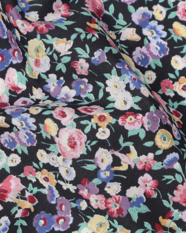 Midnight Black Cotton Lawn Fabric with Multicolor Floral and Motif Print, 110 Cms Width, Made in Japan-D24205