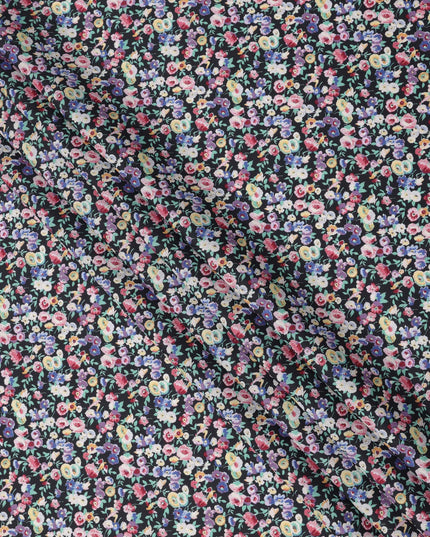 Midnight Black Cotton Lawn Fabric with Multicolor Floral and Motif Print, 110 Cms Width, Made in Japan-D24205