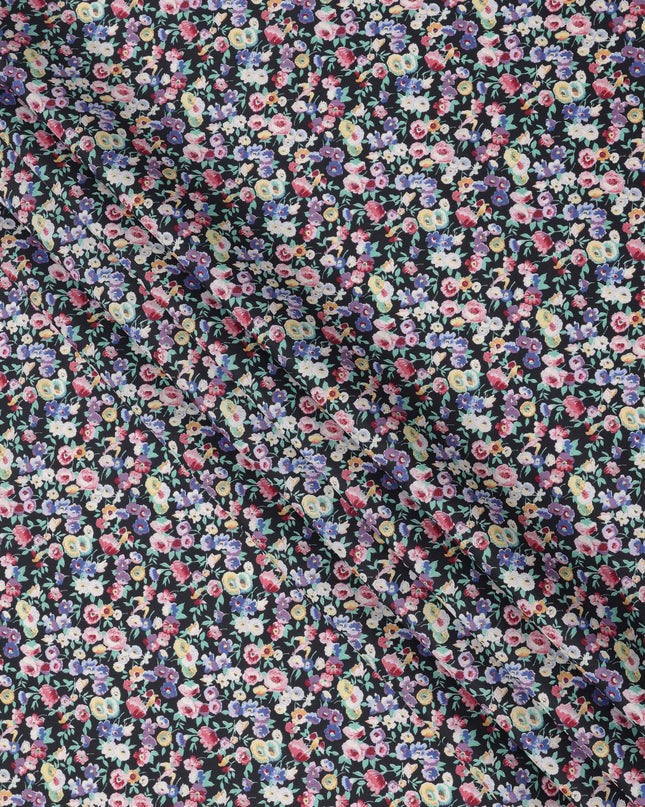 Midnight Black Cotton Lawn Fabric with Multicolor Floral and Motif Print, 110 Cms Width, Made in Japan-D24205