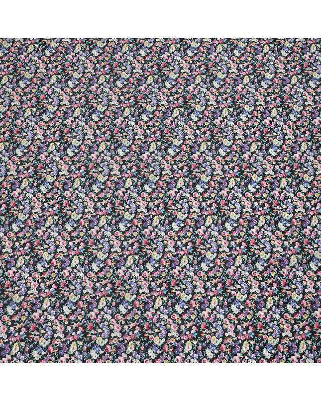 Midnight Black Cotton Lawn Fabric with Multicolor Floral and Motif Print, 110 Cms Width, Made in Japan-D24205