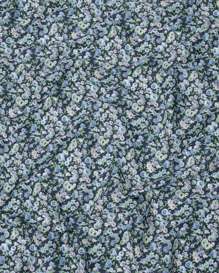 Deep Indigo Blue Cotton Lawn Fabric with Mint Green and Sky Blue Floral Print, 110 Cms Width, Made in Japan-D24206 - Regal Fabrics