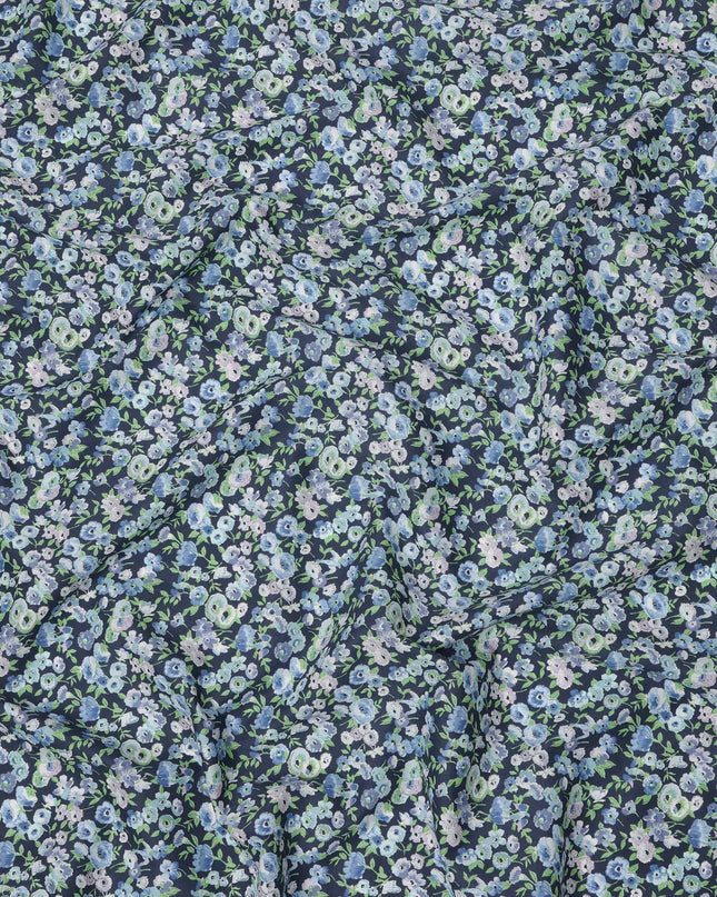 Deep Indigo Blue Cotton Lawn Fabric with Mint Green and Sky Blue Floral Print, 110 Cms Width, Made in Japan-D24206 - Regal Fabrics