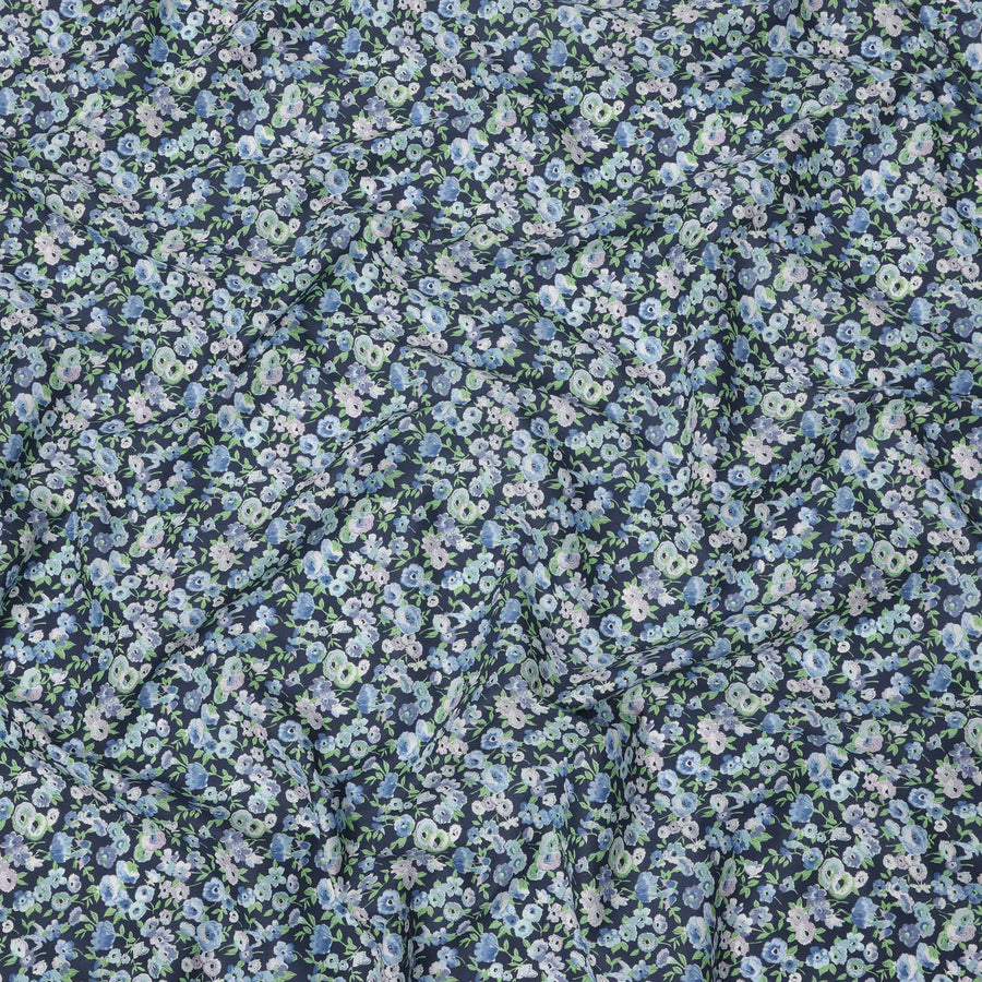 Deep Indigo Blue Cotton Lawn Fabric with Mint Green and Sky Blue Floral Print, 110 Cms Width, Made in Japan-D24206 - Regal Fabrics