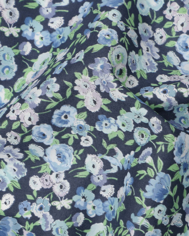 Deep Indigo Blue Cotton Lawn Fabric with Mint Green and Sky Blue Floral Print, 110 Cms Width, Made in Japan-D24206 - Regal Fabrics