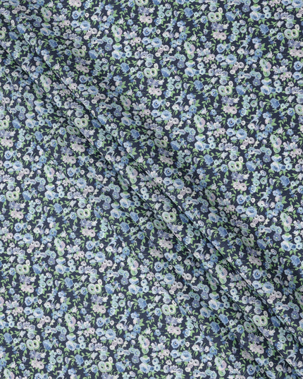 Deep Indigo Blue Cotton Lawn Fabric with Mint Green and Sky Blue Floral Print, 110 Cms Width, Made in Japan-D24206 - Regal Fabrics