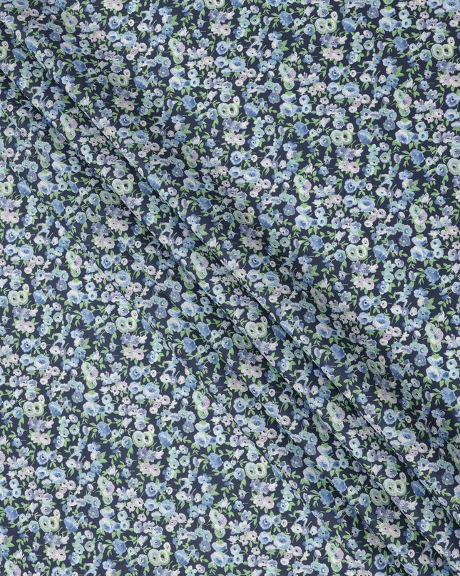 Deep Indigo Blue Cotton Lawn Fabric with Mint Green and Sky Blue Floral Print, 110 Cms Width, Made in Japan-D24206 - Regal Fabrics