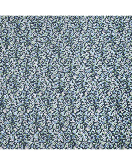 Deep Indigo Blue Cotton Lawn Fabric with Mint Green and Sky Blue Floral Print, 110 Cms Width, Made in Japan-D24206 - Regal Fabrics