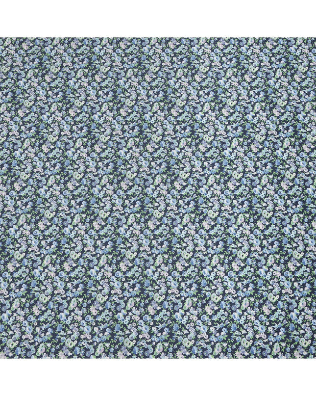 Deep Indigo Blue Cotton Lawn Fabric with Mint Green and Sky Blue Floral Print, 110 Cms Width, Made in Japan-D24206 - Regal Fabrics