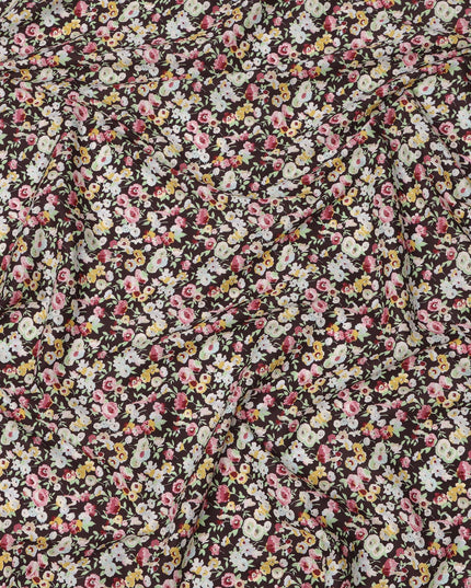 Rich Maroon Cotton Lawn Fabric with Ivory and Yellow Floral Print, 110 Cms Width, Made in Japan-D24207
