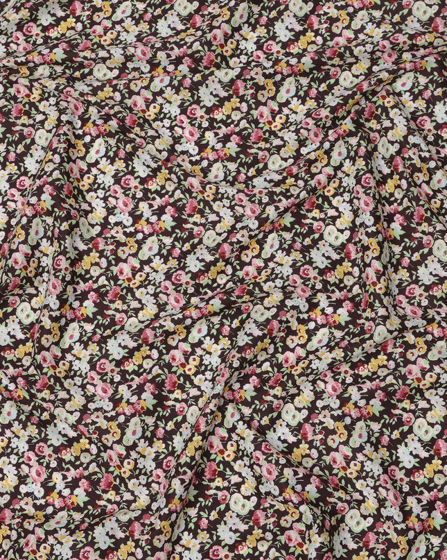 Rich Maroon Cotton Lawn Fabric with Ivory and Yellow Floral Print, 110 Cms Width, Made in Japan-D24207