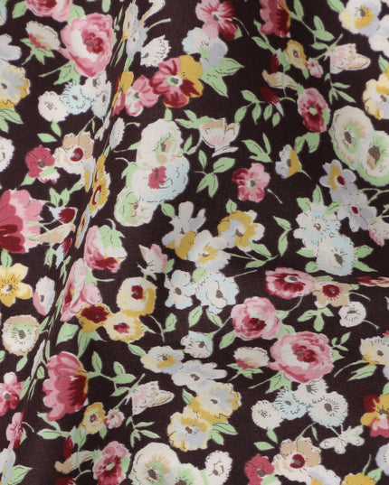 Rich Maroon Cotton Lawn Fabric with Ivory and Yellow Floral Print, 110 Cms Width, Made in Japan-D24207