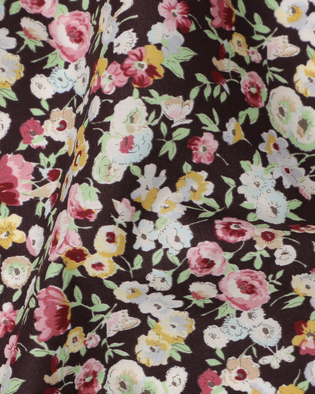 Rich Maroon Cotton Lawn Fabric with Ivory and Yellow Floral Print, 110 Cms Width, Made in Japan-D24207