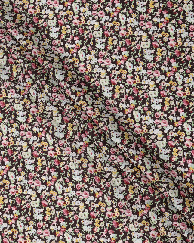 Rich Maroon Cotton Lawn Fabric with Ivory and Yellow Floral Print, 110 Cms Width, Made in Japan-D24207