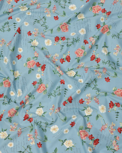 Sky Blue Cotton Lawn Fabric with Peach and Red Floral Print, 110 Cms Width, Made in Japan-D24208 - Regal Fabrics