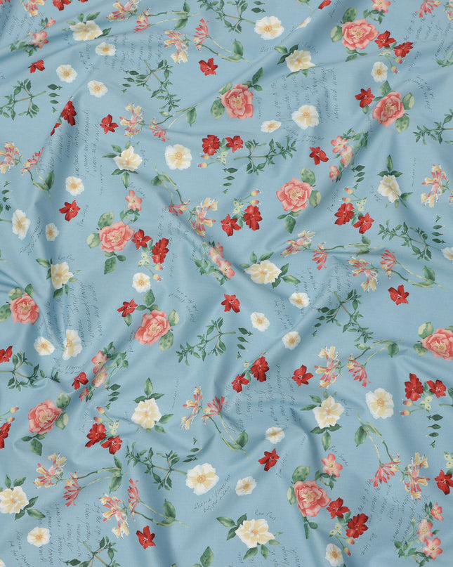 Sky Blue Cotton Lawn Fabric with Peach and Red Floral Print, 110 Cms Width, Made in Japan-D24208 - Regal Fabrics