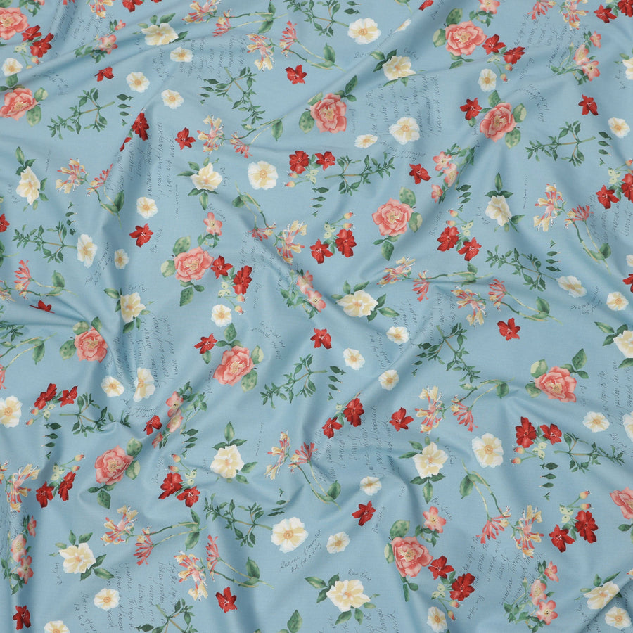 Sky Blue Cotton Lawn Fabric with Peach and Red Floral Print, 110 Cms Width, Made in Japan-D24208 - Regal Fabrics