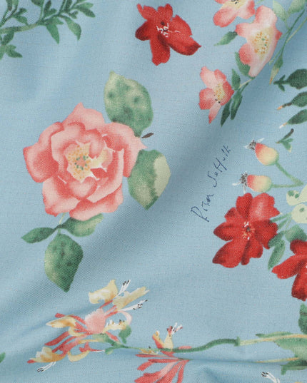 Sky Blue Cotton Lawn Fabric with Peach and Red Floral Print, 110 Cms Width, Made in Japan-D24208 - Regal Fabrics