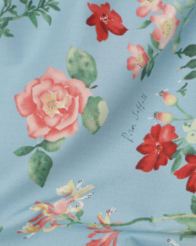 Sky Blue Cotton Lawn Fabric with Peach and Red Floral Print, 110 Cms Width, Made in Japan-D24208 - Regal Fabrics