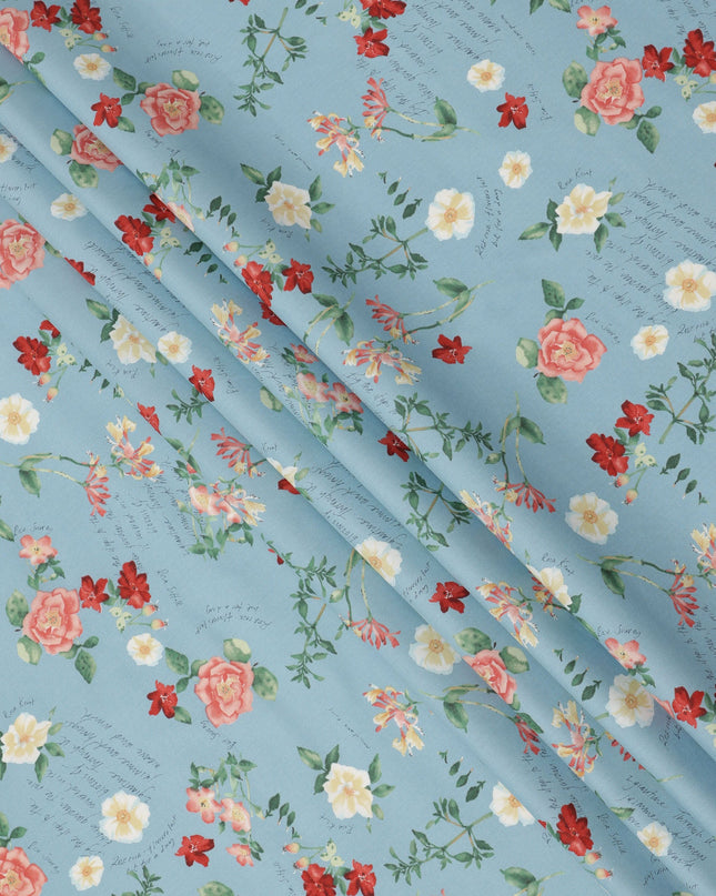 Sky Blue Cotton Lawn Fabric with Peach and Red Floral Print, 110 Cms Width, Made in Japan-D24208 - Regal Fabrics