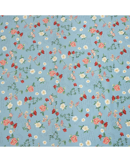 Sky Blue Cotton Lawn Fabric with Peach and Red Floral Print, 110 Cms Width, Made in Japan-D24208 - Regal Fabrics