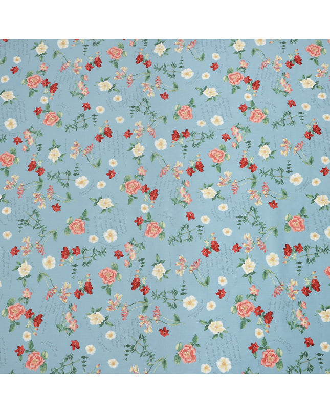 Sky Blue Cotton Lawn Fabric with Peach and Red Floral Print, 110 Cms Width, Made in Japan-D24208 - Regal Fabrics