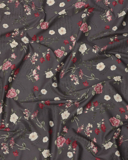 Charcoal Grey Cotton Lawn Fabric with Rose and Ivory Floral Print, 110 Cms Width, Made in Japan-D24209