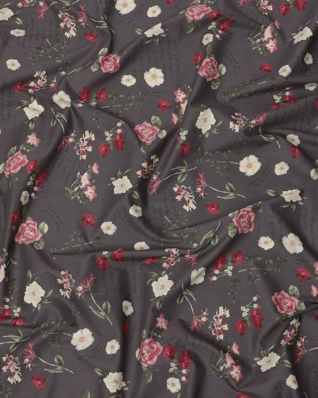 Charcoal Grey Cotton Lawn Fabric with Rose and Ivory Floral Print, 110 Cms Width, Made in Japan-D24209