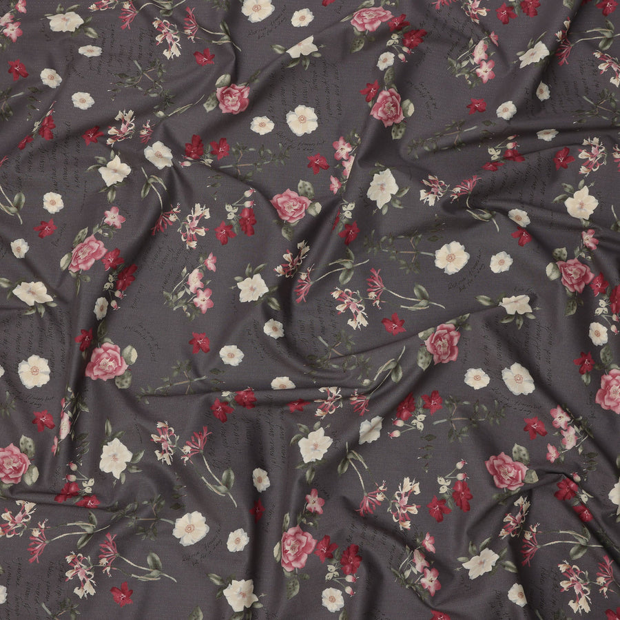 Charcoal Grey Cotton Lawn Fabric with Rose and Ivory Floral Print, 110 Cms Width, Made in Japan-D24209