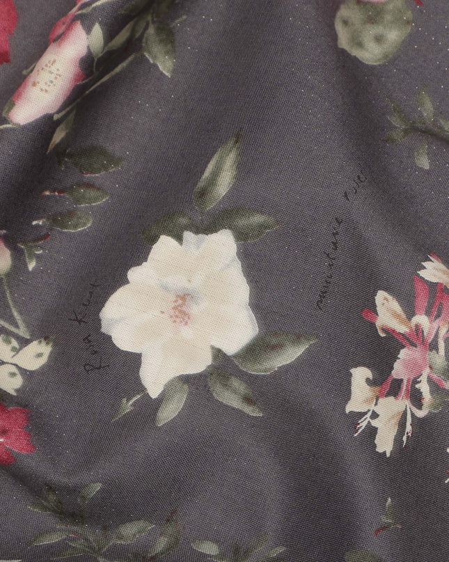 Charcoal Grey Cotton Lawn Fabric with Rose and Ivory Floral Print, 110 Cms Width, Made in Japan-D24209
