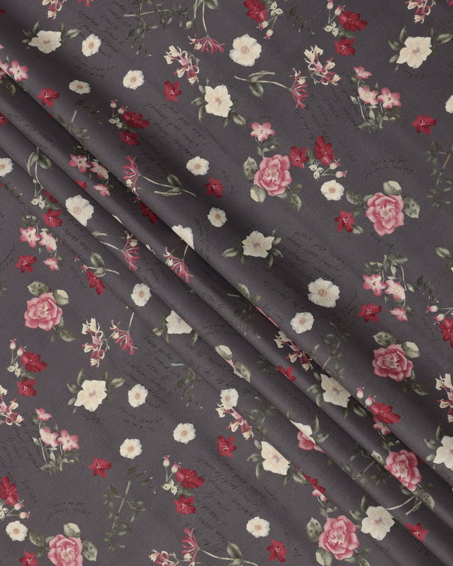 Charcoal Grey Cotton Lawn Fabric with Rose and Ivory Floral Print, 110 Cms Width, Made in Japan-D24209