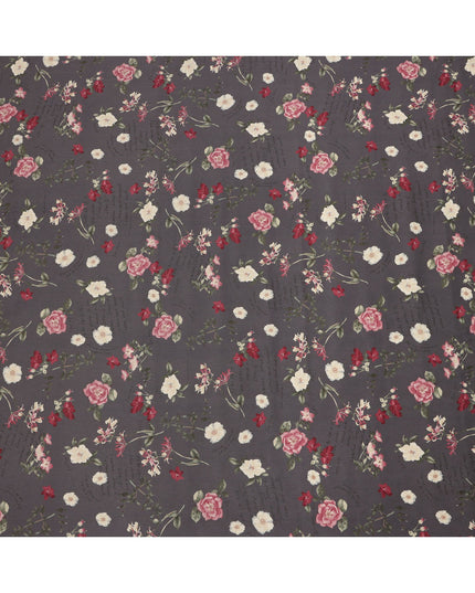 Charcoal Grey Cotton Lawn Fabric with Rose and Ivory Floral Print, 110 Cms Width, Made in Japan-D24209