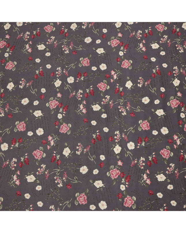 Charcoal Grey Cotton Lawn Fabric with Rose and Ivory Floral Print, 110 Cms Width, Made in Japan-D24209