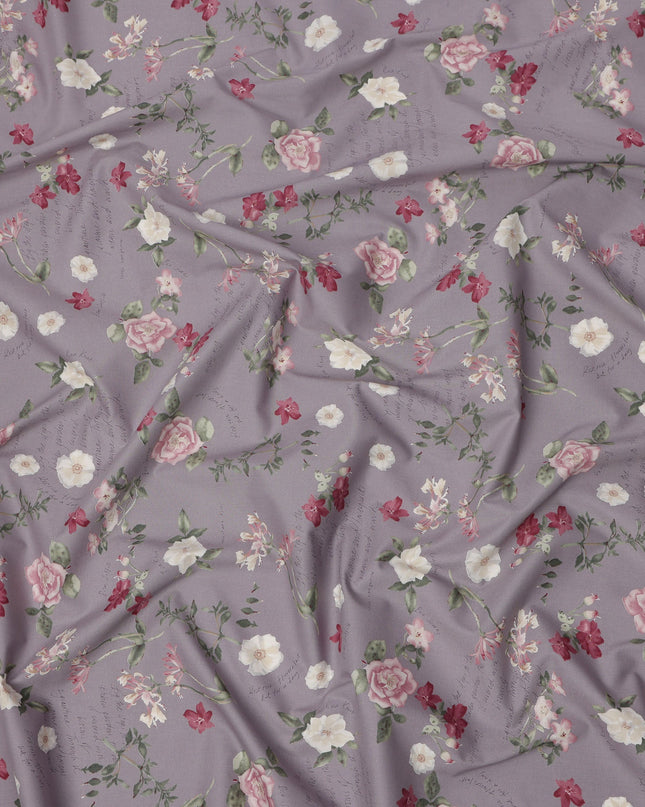 Lavender Cotton Lawn Fabric with Red and White Floral Print, 110 Cms Width, Made in Japan-D24210