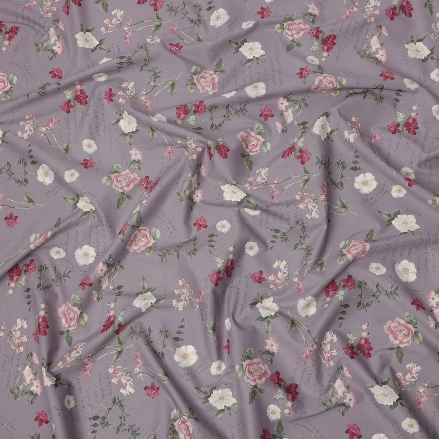 Lavender Cotton Lawn Fabric with Red and White Floral Print, 110 Cms Width, Made in Japan-D24210