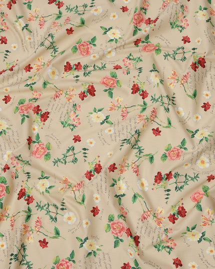 Beige Cotton Lawn Fabric with Red and Yellow Floral Print, 110 Cms Width, Made in Japan-D24211